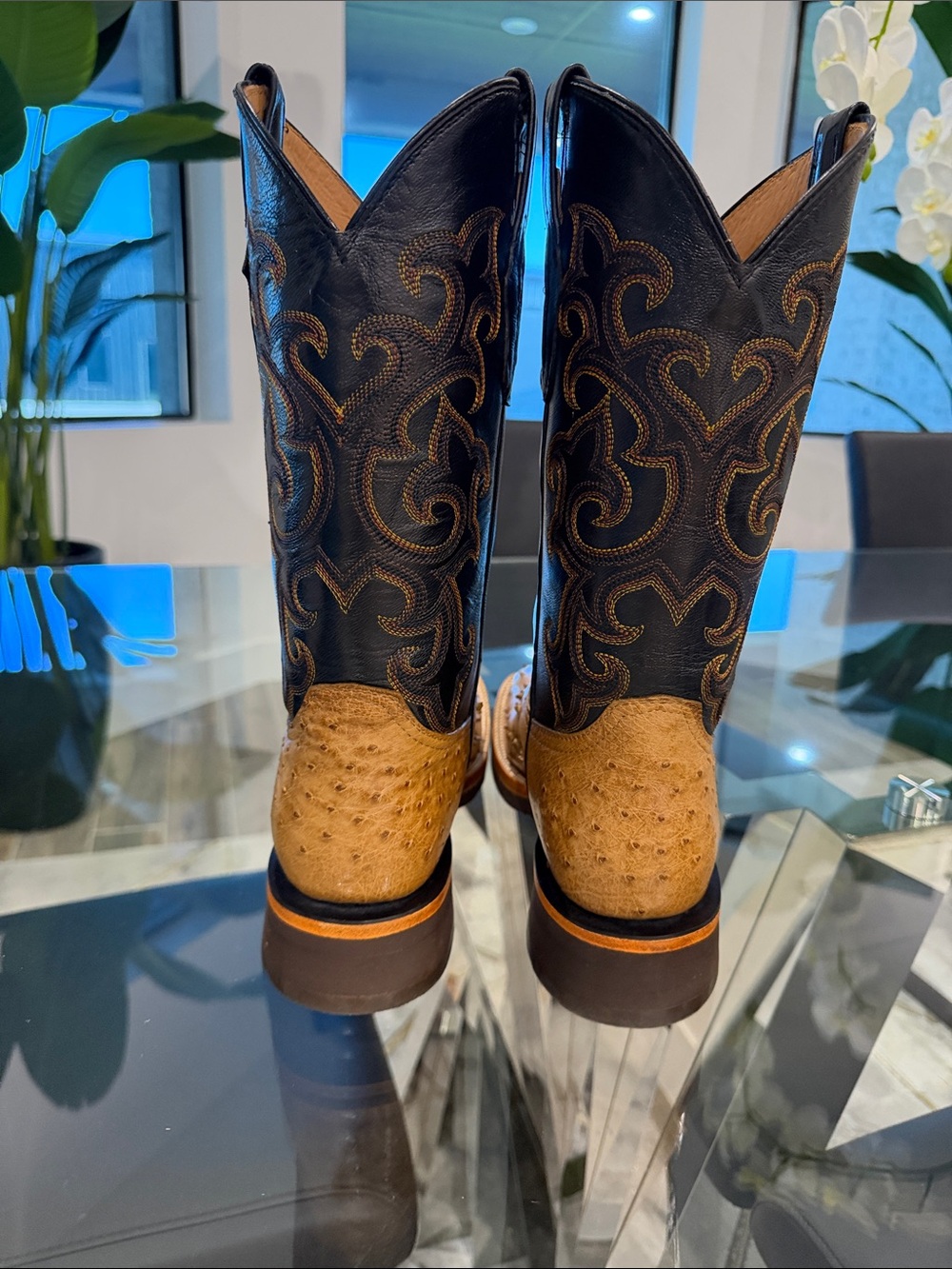 Men's Two-Tone Ostrich Leather Western Boots - Tan & Black - Picture 4 of 9
